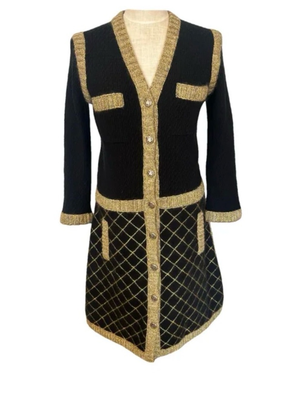 CHANEL 2015 Black and Gold Tweed-Trim Knit Dress